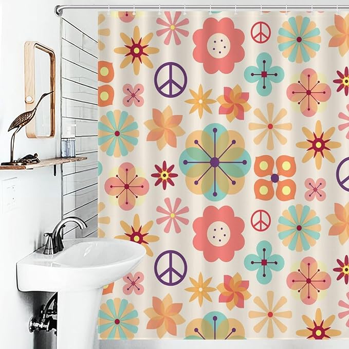 Hippie Floral Shower Curtain for Bathroom,Rustic Vintage 70s Floral Groovy Cute Flower Colorful Aesthetic Funky Trippy Waterproof Fabric Shower Curtain Set with Hooks, 72"x72"