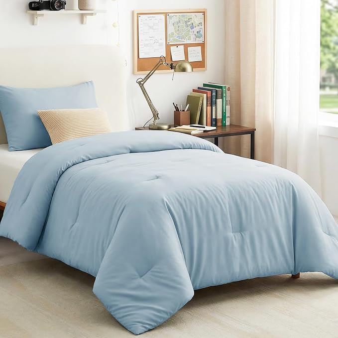 CozyLux Twin Comforter Set College Dorm Essentials, 2 Pieces Light Blue Twin Extra Long Solid Bedding Sets, Twin XL Bed Set with Down Alternative Comforter and 1 Pillowcase, Back to School Room Gift