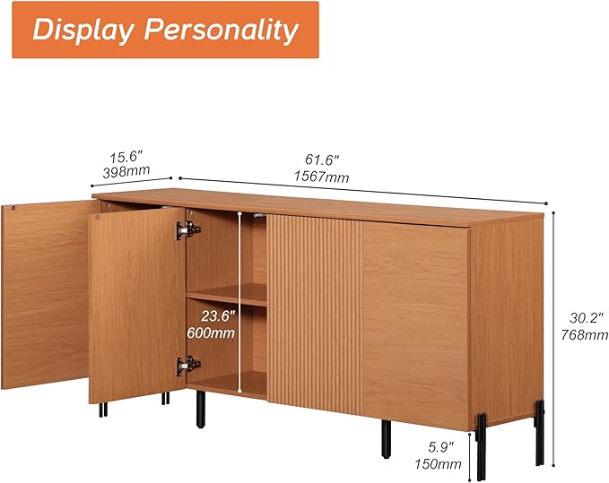 WAMPAT 61.5" Large Fluted Buffet Cabinet with Storage, Modern Buffet Table Coffee Bar Wine Bar Storage Organizer with 4 Doors for Kitchen, Dining Room, Hallway, Mocha