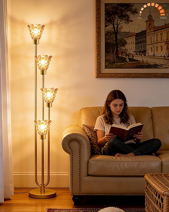 Lightdot Glass Floor Lamp Dimmable 4-Lights Gold with Amber Glass Shade 3000K Bulbs Included Mid Century Modern Standing Tall Lamp with 5Lbs Heavy Base for Living Room/Bedroom/Sofa Beside/Corner Decor