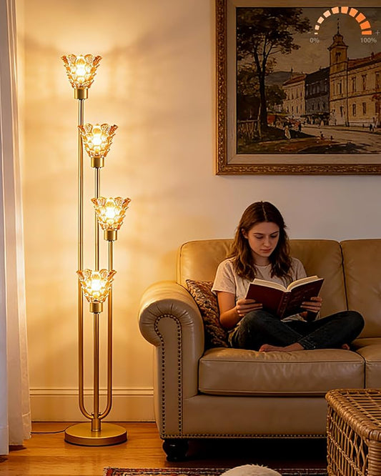 Lightdot Glass Floor Lamp Dimmable 4-Lights Gold with Amber Glass Shade 3000K Bulbs Included Mid Century Modern Standing Tall Lamp with 5Lbs Heavy Base for Living Room/Bedroom/Sofa Beside/Corner Decor