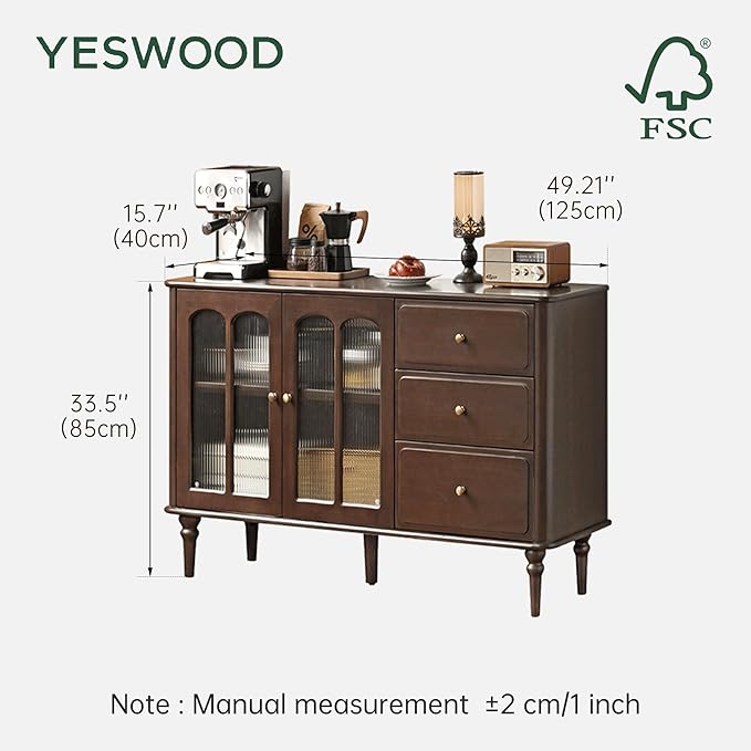YESWOOD Mid-Century Modern Sideboard Buffet Cabinet with Storage, 49.2'' Vintage Storage Cabinet with Arch Fluted Glass Door & 3 Drawers for Dining Room, Living Room, Entryway, Walnut