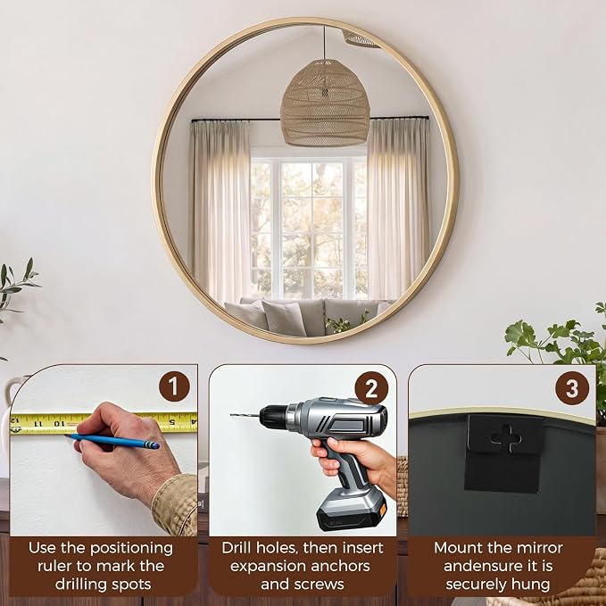 NEWBULIG 24 Inch Round Wall Mirror, Bathroom Mirrors for Over Sink, Matte Metal Framed Circle Vanity Mirror, Wall Decor for Bedroom, Anti-Rust, Tempered Glass, Hanging or Leaning, Classic Gold