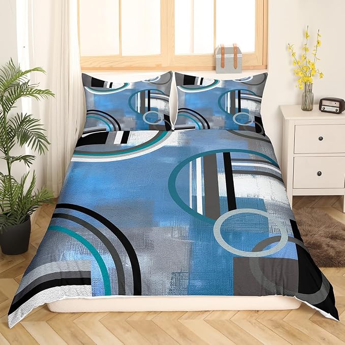 Erosebridal Blue Black Gray Duvet Cover Queen,Ombre Watercolor Comforter Cover,Geometric Stripe Circles Bedding Set,Oil Painting Bedspread Cover,Modern Artwork Quilt Cover with 2 Pillow Cases Zipper