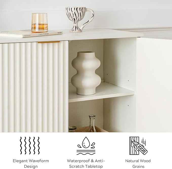 Fluted Storage Cabinet Sideboard Buffet Cabinet, Modern Accent Cabinets with Adjustable Shelves, Wooden Credenza, Console Table Entryway Cabinets for Living Dining Room, White
