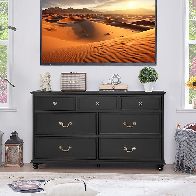 Farmhouse 7 Drawers Dresser Sets of 2 for Bedroom, Black 54 Inch Wide Chest of Drawers w/ 4 Wooden Legs, Large Vintage Rustic Closet Dressers for Living Room, Wood TV Stand