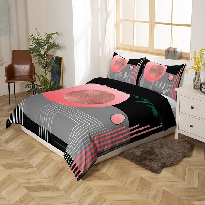 Erosebridal Boho Mid Century Duvet Cover King Size Pink and Gray Neutral Modern Comforter Cover Geometric Abstract Bedding Set Minimalist Aesthetic Bed Set