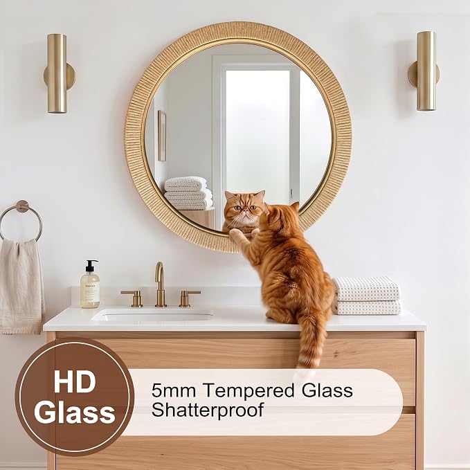 26"x26" inch Large Round Rattan Mirror for Wall, Boho Decorative Wicker Mirror Waterproof Synthetic Rattan Frame, for Bathroom, Bedroom, Living Room, Entryway