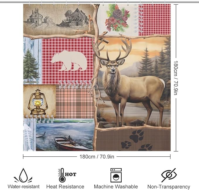 Retro Bear Rustic Shower Curtain, Farmhouse Country Antique Moose Bear Forest Vintage Wood Hunting Camping Waterproof Shower Curtains for Bathroom Decor 12 Pack Hooks 72x72in (183x183cm)