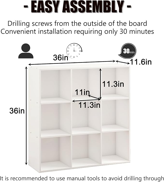 Wooden 9 Cube Storage Organizer with Closed Back Panel,White Cube Shelf Cubby Storage Organizer with Compartments for Living,Bookshelf, Easy to Install (White, 9 Cube-11in)