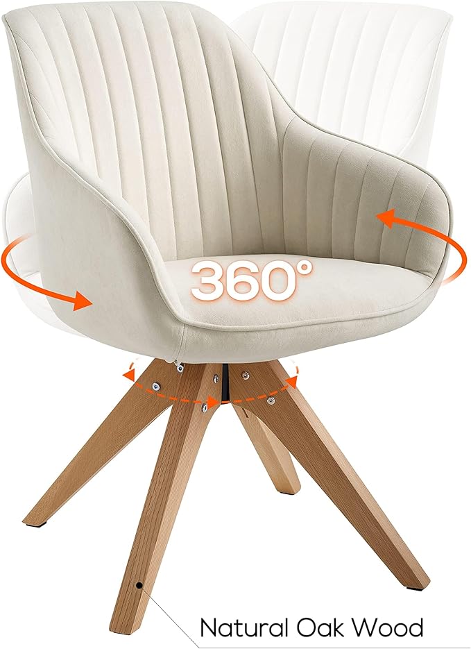 Art Leon Mid Century Modern Swivel Accent Chair with Oak Wood Legs, Desk Chair No Wheels, Armchair for Desk, Off White