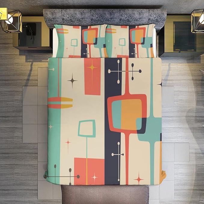 Mid Century Duvet Cover Queen Retro Atomic Bedding Set, Rainbow Grid Comforter Cover Vintage Fifties 1950s Bed Set，Abstract Art Bedding 3 Piece (1 Duvet Cover 86"x70" + 2 Pillow Sham 20"x30")