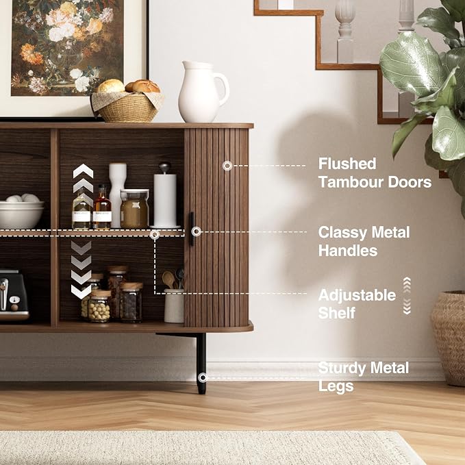 FiveWillowise 47''W x 32''H Buffet Sideboard Cabinet with Storage, Fluted Storage Accent Cabinet with Curvy Edge, Sliding Door, Credenza, Console Table for Living Room, Kitchen, Walnut