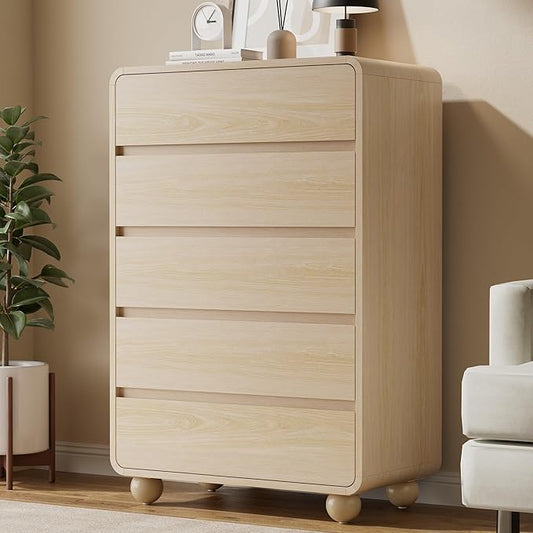 Lulive Wood Dresser for Bedroom, 41” Tall Chest of Drawers with 5 Drawers, Modern Closet Storage Drawer with Curved Profile Design for Living Room, Hallway, Entryway, Natural
