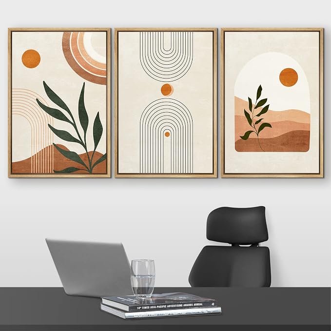 wall26 Framed Canvas Print Wall Art Set Boho Mid-Century Geometric Desert Plant Sun Nature Abstract Illustrations Modern Art Bohemian Decorative for Living Room, Bedroom, Office - 16"x24"x3 Natural