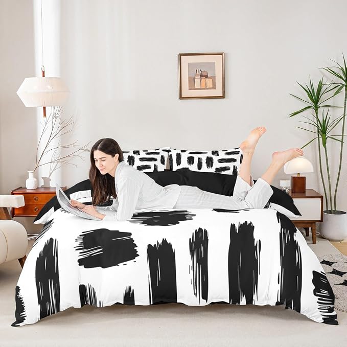 Erosebridal Geometric Stripes Duvet Cover Full Bohemian Exotic Abstract Striped Comforter Cover for Kids Teens | Black White Ink Brushed Bedding Set Lines Bed Set with 2 Pillow Cases