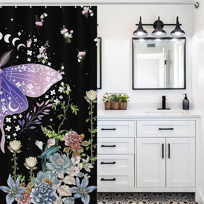 Floral Moth Moon Shower Curtain, Nature Aesthetic Flower Phase of The Moon Artistic Design Waterproof Shower Curtains for Bathroom Decor 12 Pack Hooks 72x72in (183x183cm)