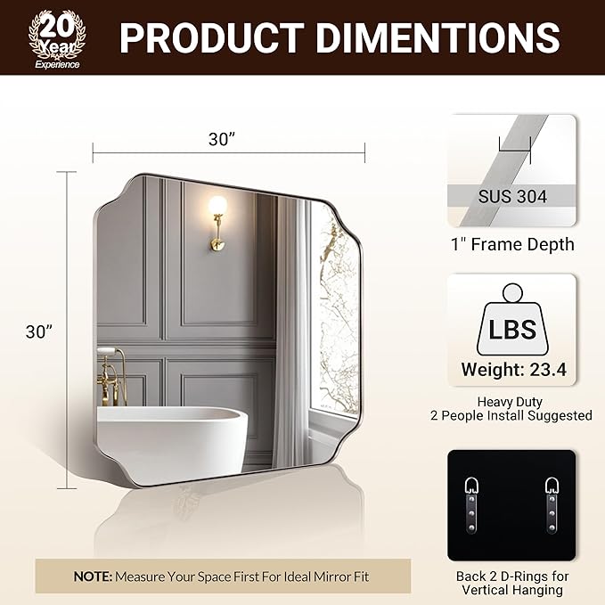 ANDY STAR 30"x30" Brushed Nickel Square Mirror, Silver Bathroom Mirror for Over Sink, Modern Scallop Mirror in Anti-Rust Stainless Steel Frame, Unique Notched Corner Design, Ideal for Home Remodel