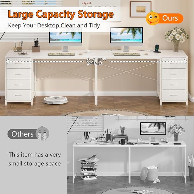 YOMILUVE 95'' Two Person Desk with 8 Drawers, Long Computer Desk with Charging Station, 2 Person Desks Double Desk Writing Study Table for Home Office, White