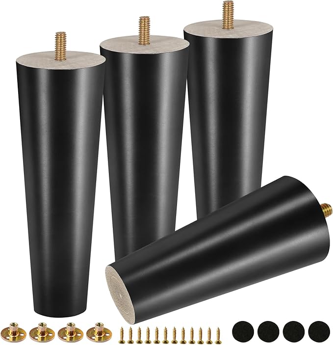 FoDau770 Black Rubber Wood Furniture Legs 7 Inches, Straight Tapered Wood Feet Mid Century Sofa Legs Set of 4, 5/16" UNC Furniture Feet Replacement Parts for Cabinet Couch Dresser Chair Ottoman Table