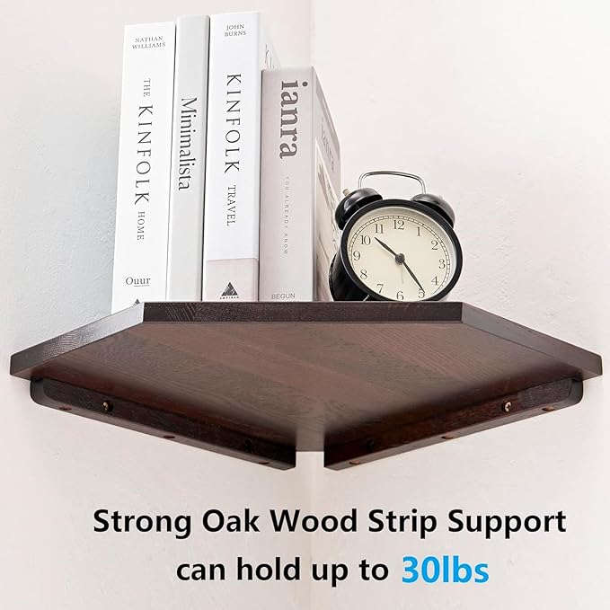 Corner Wall Shelves, Corner Floating Shelves Set of 2 Solid Oak Wood Display Shelf with Wire Hole Small Plant for Kitchen Living Room Dark Walnut 13.5inch