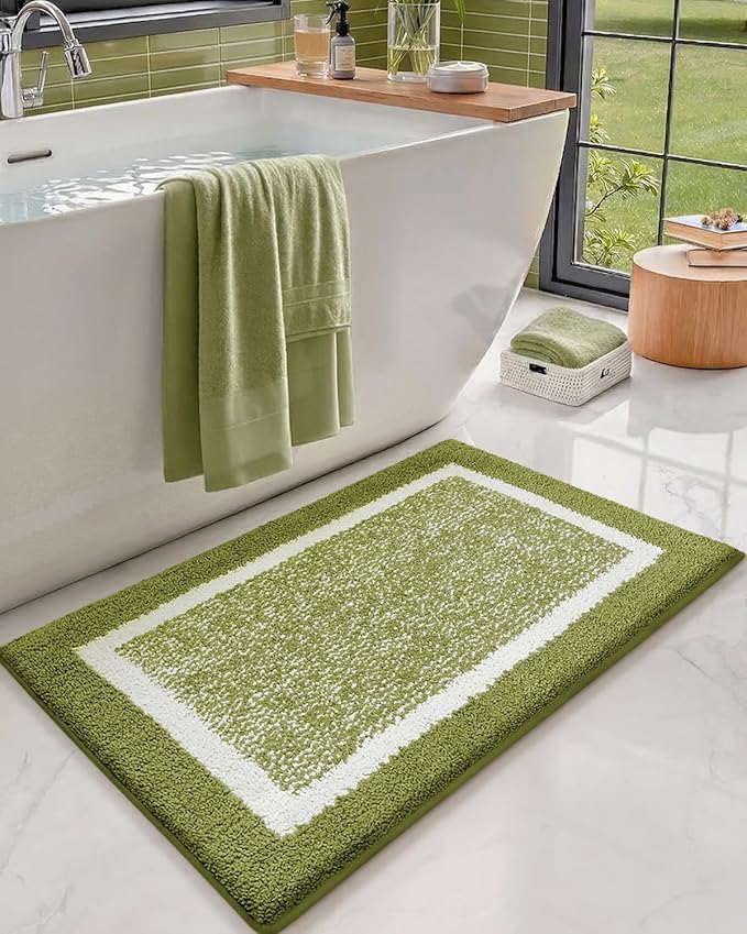 Color&Geometry Simple and Stylish Bathroom Runner Non Slip, 24"x43" Moss Green and Ivory Bath Runner Rug, Absorbent, Soft, Washable, Microfiber Bath Mat Bathroom Carpet