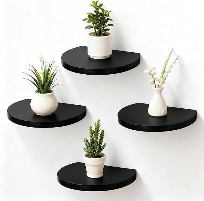 Small Wood Floating Shelves (4-Pack, 8-inch Diameter) - Round Sturdy Invisible Wall Mount Display for Small Plants,Toys,Bathroom,Living Room Storage & Modern Rustic Décor (Black)