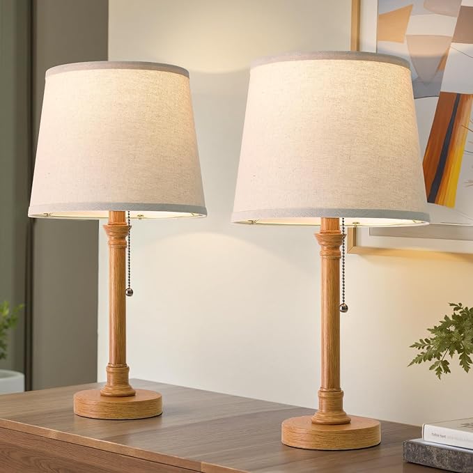 Oneach 19.5" Small Table Lamps Set of 2, Pull Chain Switch Bedside Table Lamps, Modern Nightstand Lamp with Linen Shade, Rustic Lamp for Living Room, Bedroom, Home Office, Nursery