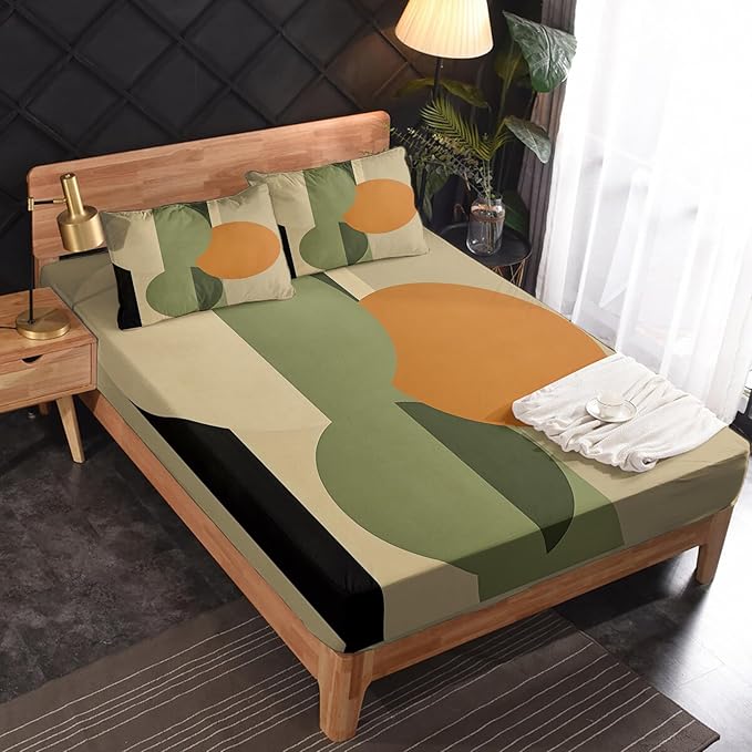 Mid Century Modern Sheets Split King Size, Neutral Geometric Bed Sheet Set, Olive Green Orange Bedding Sheet Sets 5 Piece, Soft Microfiber Deep Pocket 2 Fitted Sheet & Flat Sheet & 2 Pillowcases