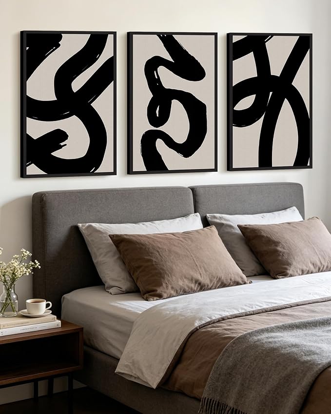 KUVIOKE Black Abstract Framed Wall Art Ink Wash Minimalist Lines Canvas Painting Artwork for Bedroom Hallway 24x36in (Black Framed)
