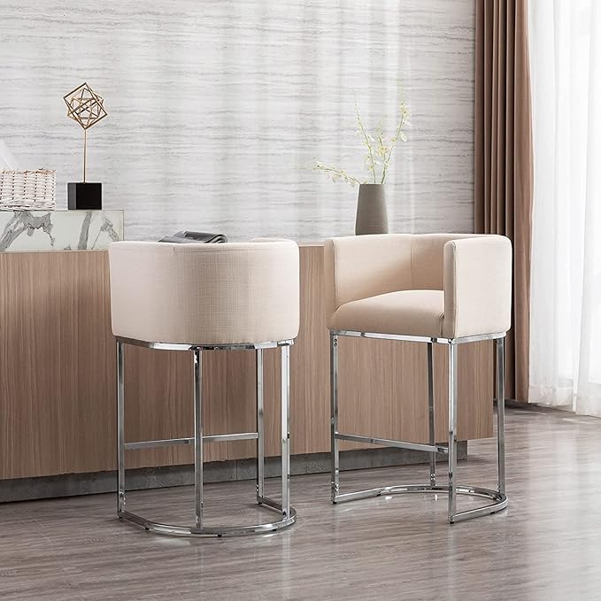 Contemporary Cream Linen Bar Stools Set of 3, 29" Upholstered Fabric Counter Height Barstools Kitchen Counter Island Stools with Screwed Together Chrome Finish Base