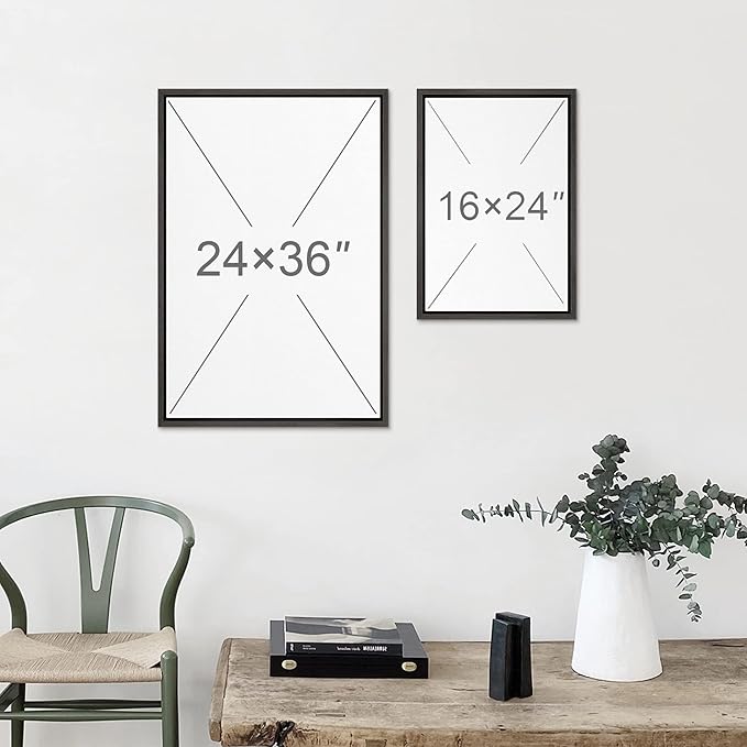 MUDECOR Framed Canvas Print Wall Art Mid-Century Bauhaus Red Sun & Black Waves Shapes Abstract Illustrations Modern Art Minimal Multicolor Relax/Calm for Living Room, Bedroom, Office - 16"x24" Black