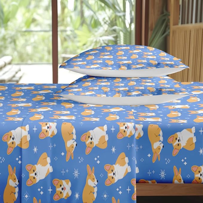 Pamnest Twin Size Bed Sheet Sets, Kawaii Cute Corgi Soft Microfiber 3 Pcs Bedding Sets for Kids and Adults Bedroom Bed Decor, Dog Animal Flat, Fitted Sheet and Pillowcases