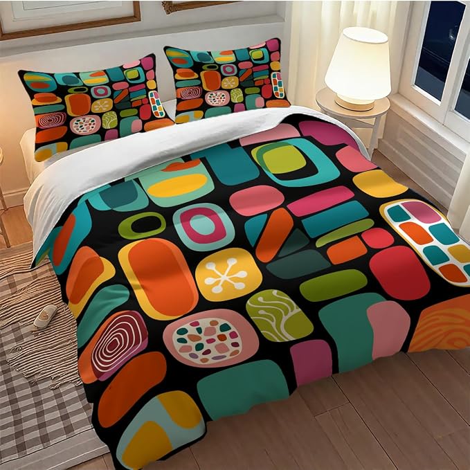 Modern Geometric Bedding Set,Retro Mid Century Colorful Diamond Abstract Geometric Vintage 60s 70s Pattern Comforter Set with Pillowcase for Bedroom Bed Decor,King 102"x90"