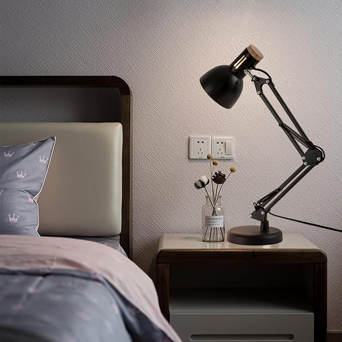 LED Desk Lamp Swing Arm Metal Table Lamp, Adjustable Architect Lamp for Home Bedroom Study Office, E27 Base Bulbs Not Included,Black