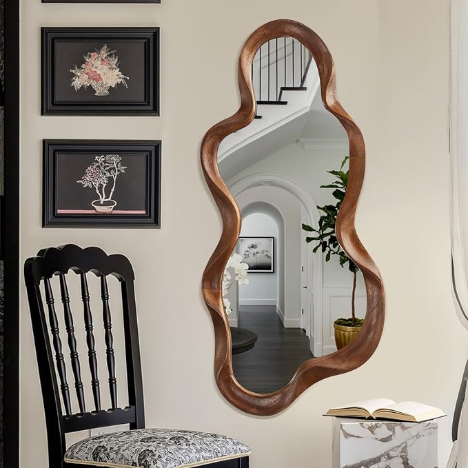 Large Asymmetrical Mirror Irregular Wood Frame Modern Unique Wall Mounted Artistic Wavy Mirrors Decor Bathroom Vanity Bedroom Living Room Entryway Hallway 47"x22"