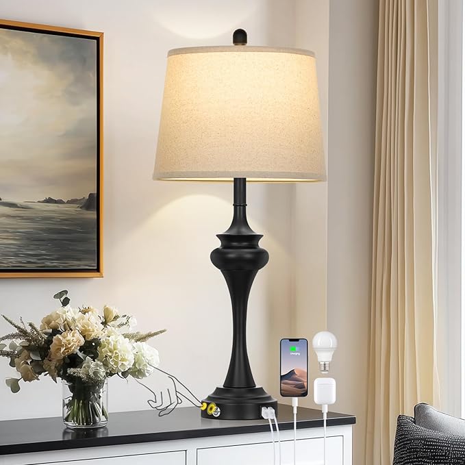 Rinweey 30 Inch Black Table Lamp Single, 3-Way Touch Control Bedside Lamp with USB A+C Ports, Modern Bedroom Lamps for Nightstand, Metal Living Room Lamps for Side Table Desk Office, Bulb Included