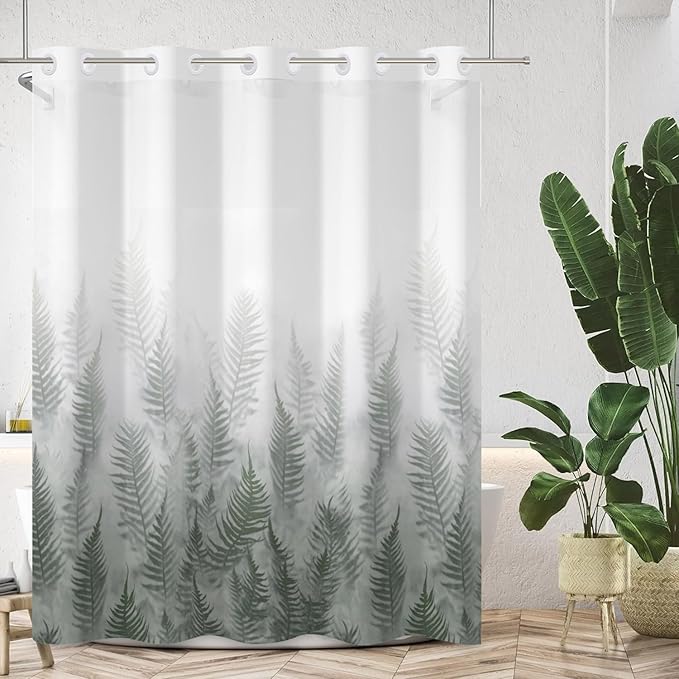Fern Leaves Shower Curtain with Snap in Liner Gradient White Green Fabric Cloth Bath No Hook Shower Curtains with Mesh Top Window Waterproof Bathroom Curtain Set 71Wx74H