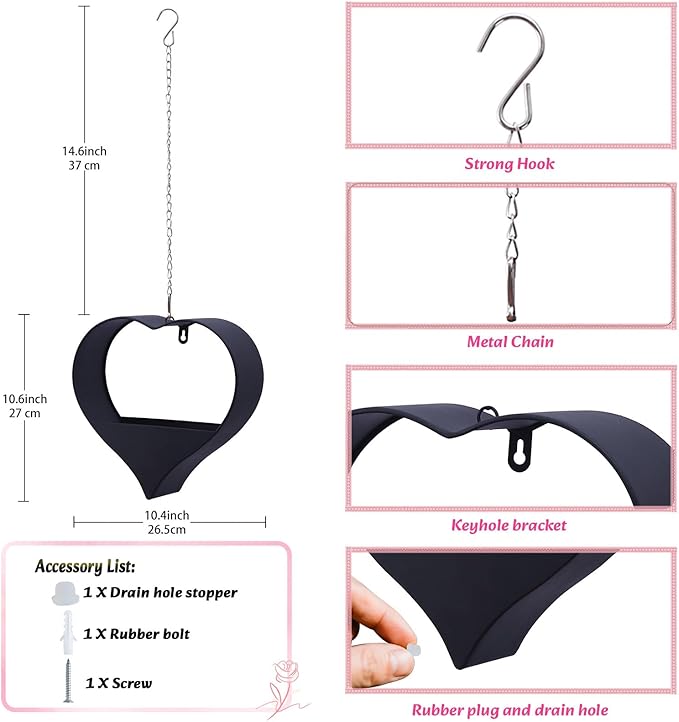 Metal Plant Hangers Indoor and Outdoor: Valentines Day Gifts for Her Wife Women Mom Garden Lovers Birthday - Heart Shape Hanging Planters for Window Wall Living Room Office Decor(Black)