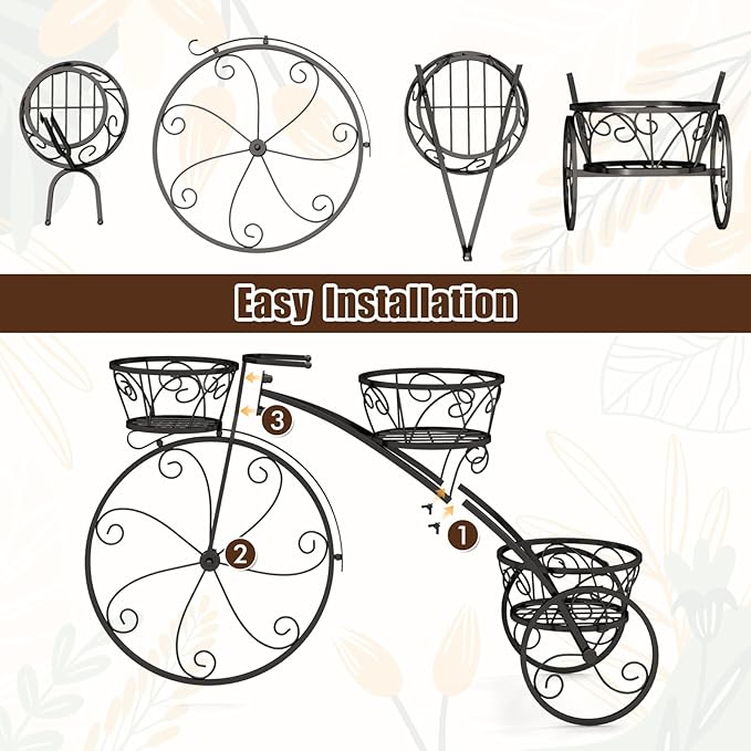Giantex Metal Bicycle Planter, 3 Tier Tricycle Flower Plant Stand w/ 3 Decorative Wheels, Parisian Style Flower Display Stand Cart for Home Decor Patio Garden Flower Shop Indoor Outdoor