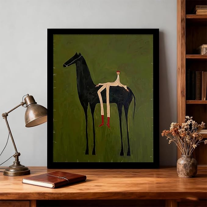 Abstract Horse Wall Art with Wooden Frame, Vintage Surreal Horse and Figure Painting, Olive Green Textured Minimalist Artwork, Retro Modern Framed Wall Decor Print 8x10 Inch