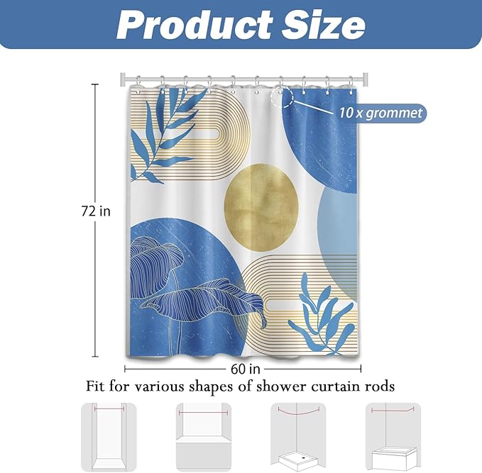 Light Blue and Gold Shower Curtain Boho Blue and White Shower Curtains for Bathroom Decor Mid Century Modern Bath Curtain Set, Waterproof Fabric with Hooks 60 x 72 Inch