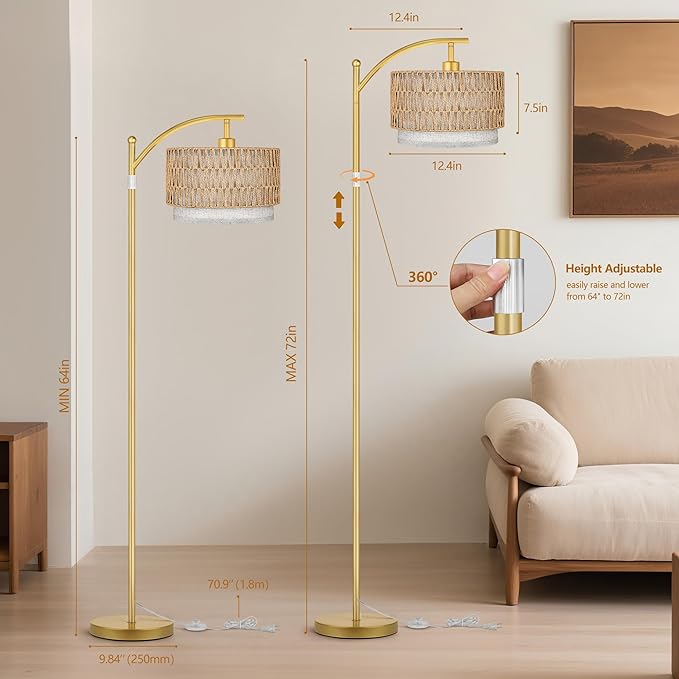 ROTTOGOON Arc Floor Lamps for Living Room, Boho Farmhouse Floor Lamp with Remote & Dimmable Bulb, Standing Lamp with Rattan & Fabric Shades, Adjustable Tall Lamp for Bedroom Office-Gold