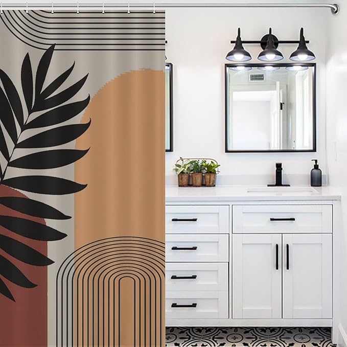 Boho Mid Century Shower Curtain, Sun Brown Leaves Rainbow Color Blocks Modern Artistic Waterproof Shower Curtains for Bathroom Decor 12 Pack Hooks 72x72in (183x183cm)