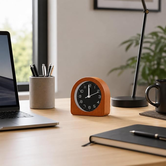 Analog Alarm Clock 5" Silent Non-Ticking Small Solid Wood Desk Clocks Battery Operated Simple Style Retro Table Clock for Office/Bedroom/Kitchen/School/Bedside/Shelf (Dark Wood, Arch)