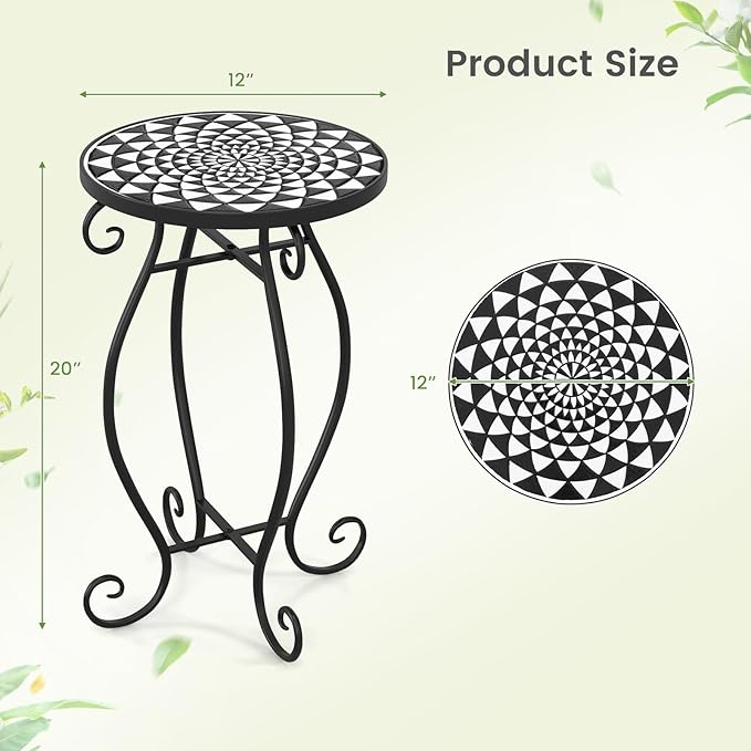 Giantex Outdoor Side Table, Mosaic Patio Table, 12 inch Accent Table Plant Stand Indoor, Ceramic Tile Top Metal Frame, Small End Table Porch Beach Patio Garden Balcony Poolside (Monochrome)