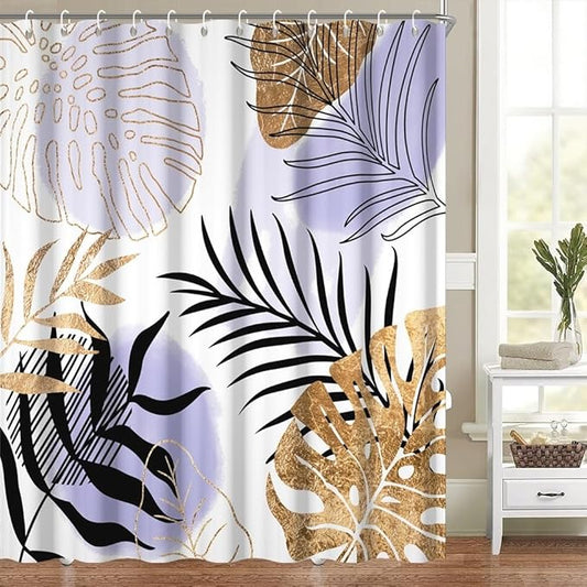 Modern Boho Shower Curtain Purple Gold Palm Leaf Abstract Aesthetic Bathroom Decor Gorgeous Watercolor Botanical Theme Bohemian Bath Curtains Washable Waterproof Polyester Fabric with Hooks 69x70 Inch