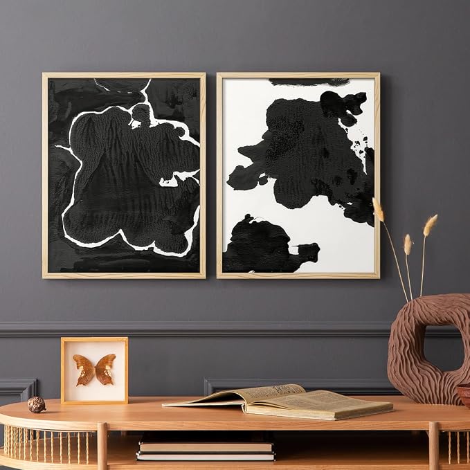 Renditions Gallery Set of 2 Peel & Stick Framed Prints, Fluid Abstract Wall Art, Black and White Inkblot Wall Decor, Re-Stickable - Ready to Hang - 8"x10" - NATURAL WOOD Frame LT588