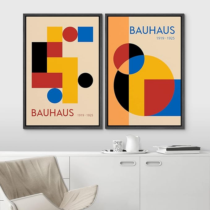 IDEA4WALL Framed Canvas Print Wall Art Set Bauhaus Mid-Century Geometric Block Polygons Abstract Shapes Illustrations Modern Art Decorative for Living Room, Bedroom, Office - 24"x36"x2 Black