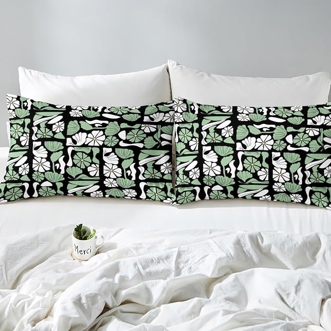 Erosebridal Boho Plants Floral Comforter Cover Twin Retro Abstract Mid Century Geometric Bedding Set Vintage White Green Flower Patchwork Duvet Cover for Kids Adults,Modern Simple Bed Set